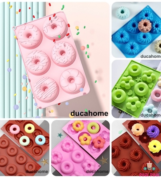 KHUÔN SILICON ĐỔ DONUT 6 Ô (HỌA TIẾT HỒNG)